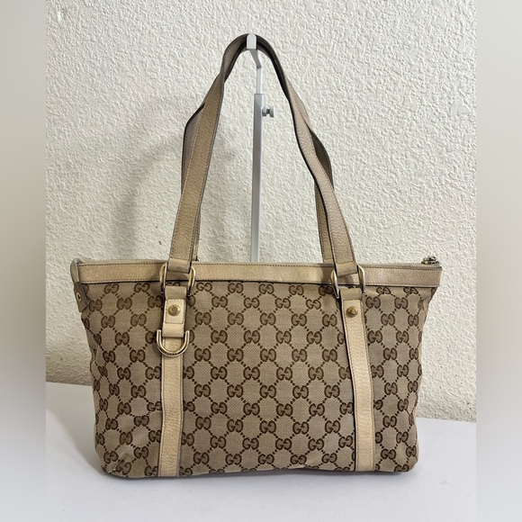 Gucci Handbags - Gucci Beige GG Canvas Tote with Tan Trim and Gold Hardware